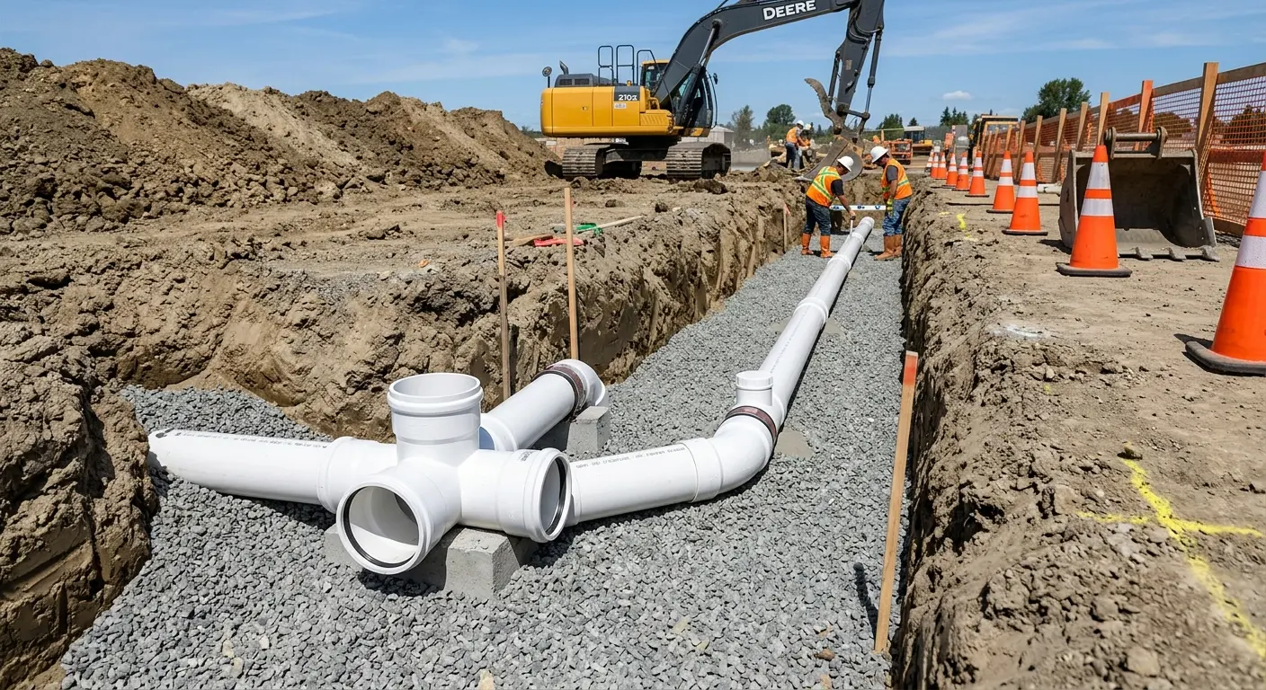 New PVC sewer pipe installation in open trench for Sewer Backup in Yankee Springs