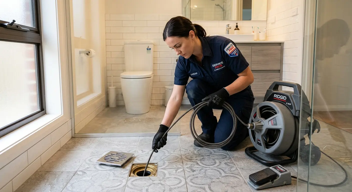 Technician clearing a bathroom floor drain for Sewer Line Replacement in Yankee Springs